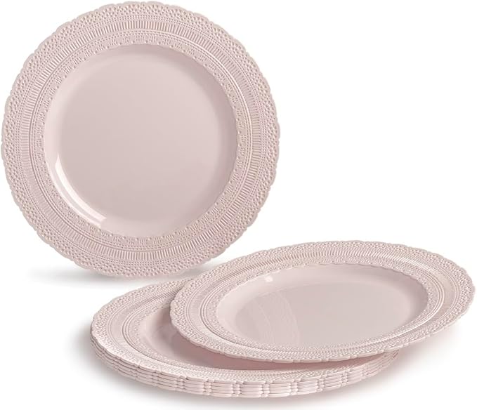 " OCCASIONS " 50 Plates Pack (25 Guests)-Extra Heavyweight Vintage Wedding Disposable/Reusable Plastic Plates -25 x 11'' Dinner + 25 x 8.25'' Salad/dessert (Chateau Blush Pink)