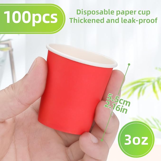 Wuadua 100 Pack 3 oz Red Disposable Paper Cups - Sturdy and Leak-Proof for Parties, Events, Office, Home Use Disposable Mouthwash Cups - Ideal for Hot/Cold Drinks, Smooth Rim Design, Eco-Friendly