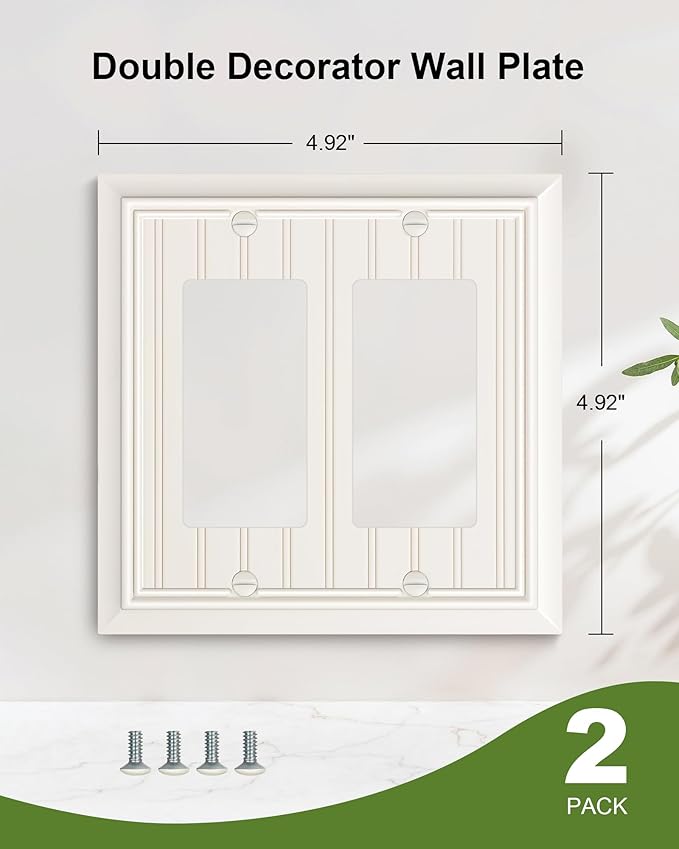2-Pack Classic Beadboard Decorative Double Decorator Outlet Cover Plate, Light Almond Durable Natural Bamboo Fiber Wall Plates for Electrical Outlets, Receptacle, GFCI Outlet, Dimmer Switch, 2-Gang