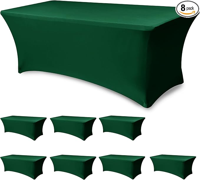 Table Cover for 6 Foot Rectangle Tables-8 Pack Hunter Green Fitted Stretch Tablecloth-Spandex 6ft Christmas Tablecloth for Party, Vendor Booth Display, Banquet Buffet Event, Craft Trade Show
