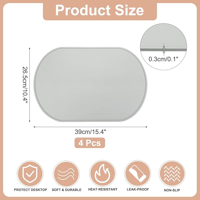 uxcell 4 Pcs Oval Silicone Placemat, 15.4" x 10.4" Non-Slip Washable Table Placemats Heat Resistant Waterproof Mat with High Edge for Table Kitchen Desk Protection, Light Gray