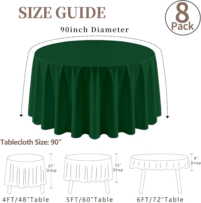 8 Pack Round Tablecloth 90 Inch Hunter Green Table Cloth for Round Tables, Washable Polyester Dark Green Table Cloth Stain and Wrinkle Resistant Decorative Table Cover for Wedding Party Dining Banquet
