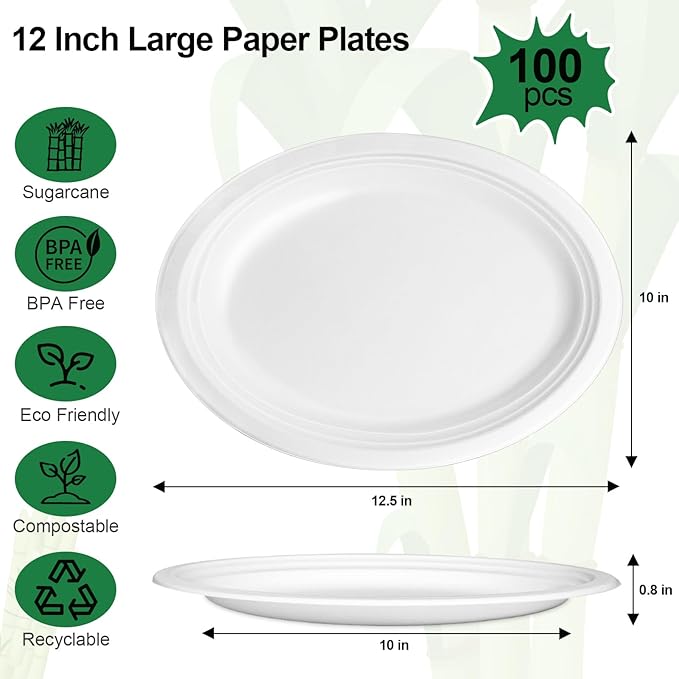 Large Oval Paper Plates 12 Inch, 100 Pack Heavy Duty Eco Friendly Disposable Plates, White Paper Plates Sturdy Strong for Party BBQ Picnic