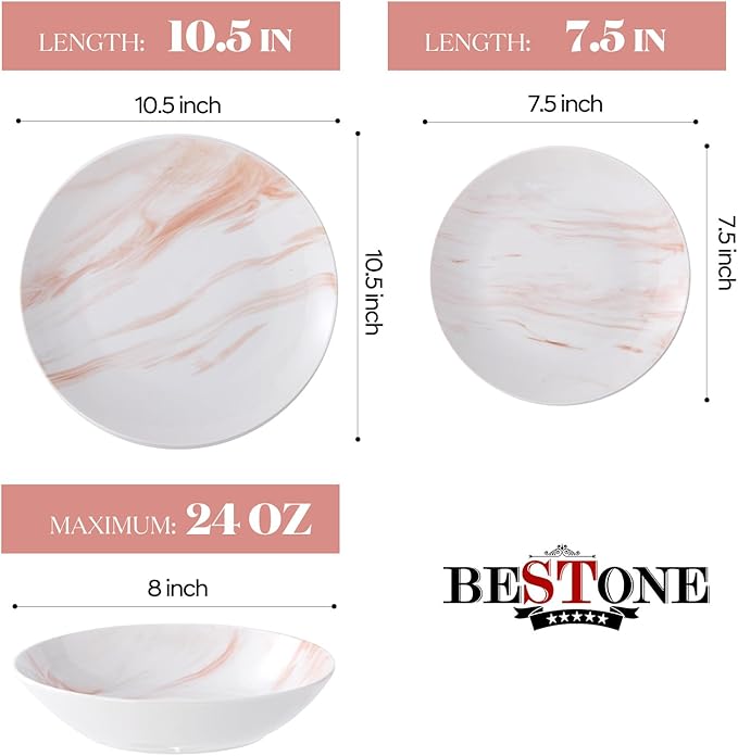 Bestone 12 Pieces Round Kitchen Dinnerware Sets,Plates and Bowls sets,Dishes, Plates, Bowls, Dish Set，Plates and Bowls,Service for 4, Orange and White Marble