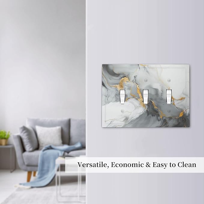 Light Switch Cover Gray/Gold Marble Abstract Modern Luxury 3 Gang Wall Plate Triple Light Switch Plate Toggle Decorative Outlet Covers Electrical Switchplate for Bathroom Bedroom Decor