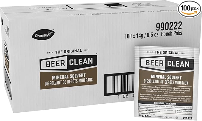 BEER CLEAN 990222 Mineral Solvent, Hard Water Conditioner to Remove Spots on Barware & Glass, Powder Packets, 0.5 Ounce (Pack of 100)