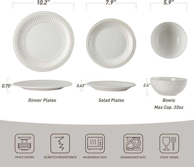 Famiware Garden Plates and Bowls Set, 24-Piece Dish Set for 8, Scratch Resistant Stoneware Dinnerware Set, Embossed Ceramic Tableware - Microwave and Dishwasher Safe, Reactive Glaze White