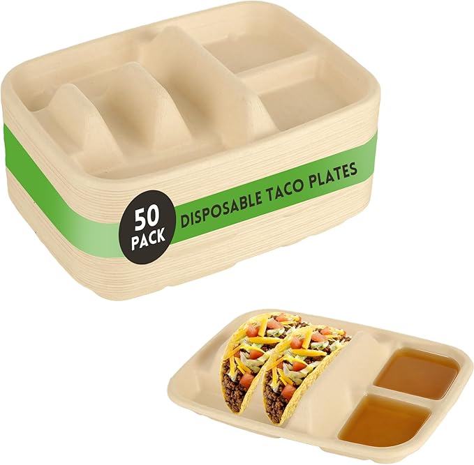 50 Pack Taco Plates Disposable With Dipping Sides - Biodegradable Cornstarch Taco Holder - Taco Stand for Taco Tuesday, Mexican Party, Picnics - Size Fit for 4-6 Inch Tortilla