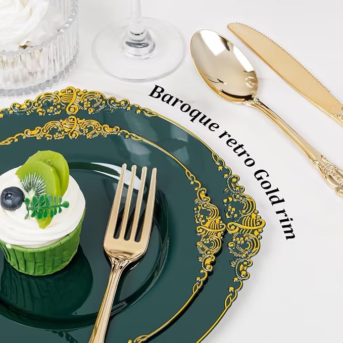 102PCS Green Plastic Plates - Green and Gold Plates - Fancy Heavy Duty Disposable Plate - Heavyweight Dinner & Dessert Plate for 51 Guests for Party & Wedding