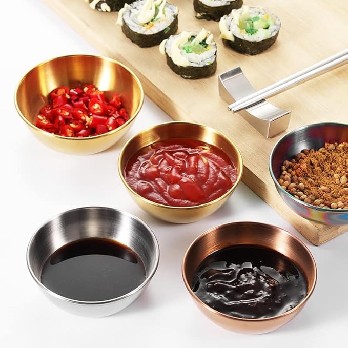 Sauce Dishes 12PCS 3.46inch Stainless Steel Sauce Bowl Mini Individual Round Seasoning Dishes Sushi Dipping Bowl Appetizer Plates (Gold)