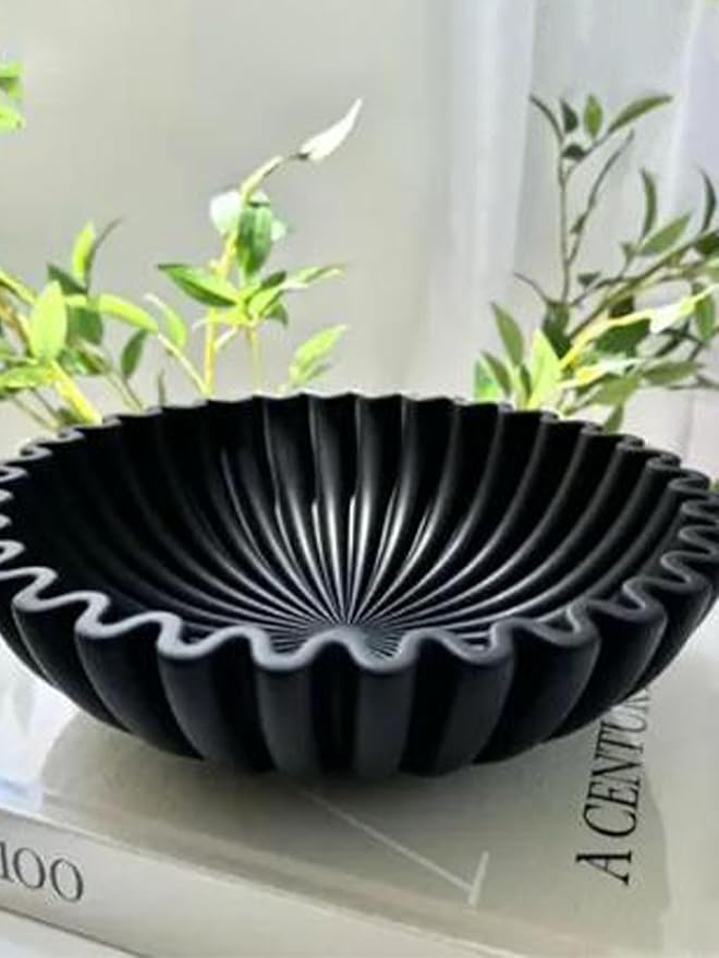 Large Decorative Bowl - 7.9in x 2.6in - White Decorative Bowls for Home Decor - Ruffle Decor - Fluted Bowl - Scalloped Bowl-Stylish Key for Entry Table(Black)