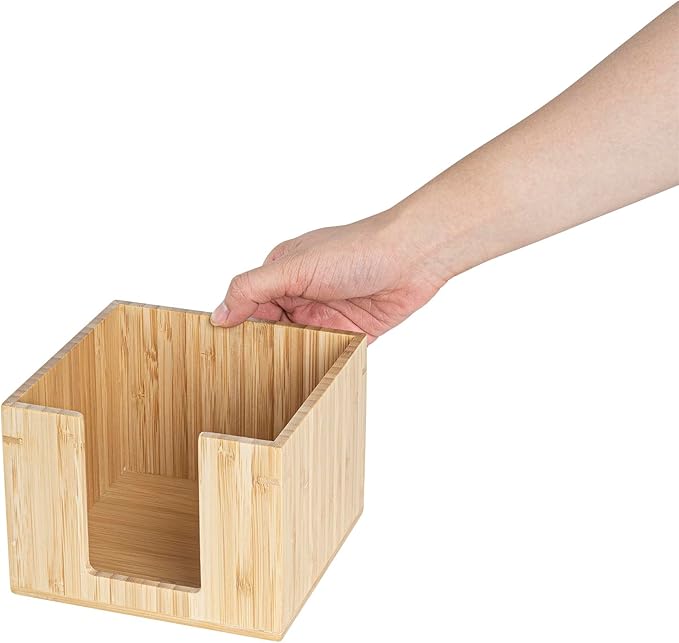 5.5 x 4 Inch Cocktail Napkin Holder, 1 Square Flat Napkin Holder - For Bars, Kitchen Tables, or Countertops, Sturdy, Natural Bamboo Tissue Napkin Holder, Dining Room Decor - Restaurantware
