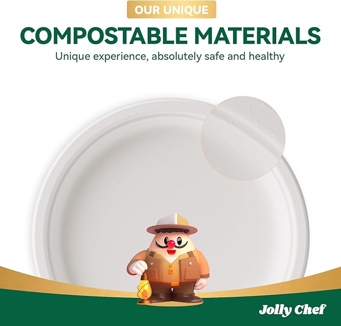 JOLLY CHEF Compostable Heavy Duty Plates 𝟳 𝗶𝗻𝗰𝗵 𝗮𝗻𝗱 𝟵 𝗶𝗻𝗰𝗵 [𝟭𝟮𝟬 𝗣𝗮𝗰𝗸] Eco-Friendly Disposable Paper Plates Bagasse Biodegradable Sugarcane for Party Hot Coold Food Christmas(White)