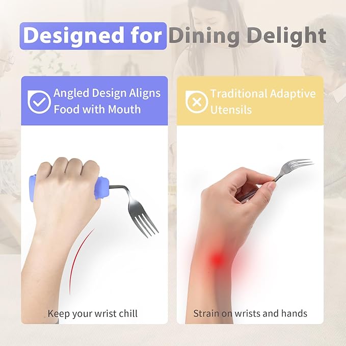Adaptive Utensils Angled Knife and Fork for Hand Tremors Parkinsons,Weighted Utensils with Non-Slip Easy Grip Handles for Independent Eating (1pcs Straight Knife+1pcs Fork,Purple,Left Hand)