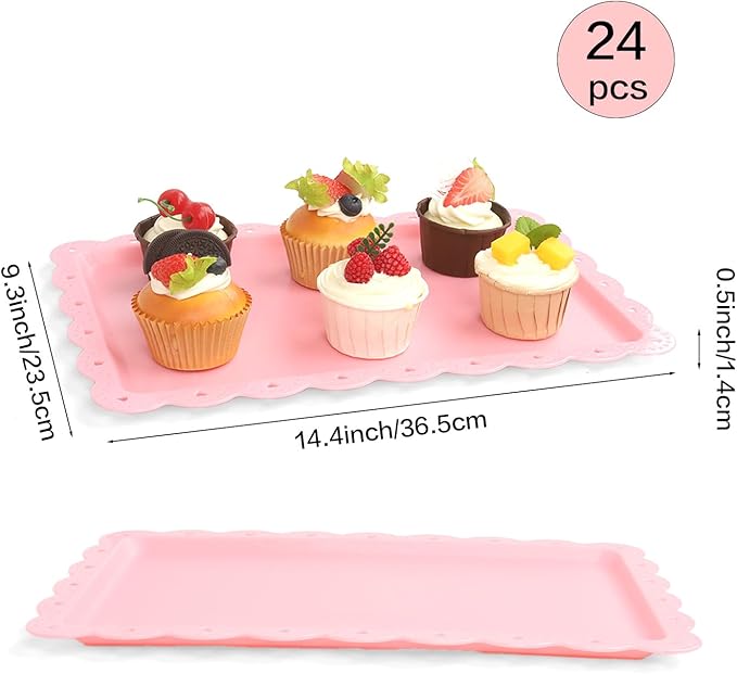 Plastic Serving Trays,24 Pack Rectangle Serving Platters Decorative Serving Trays Dessert Table Trays,15"x10" Rectangle Platters, Decorative Dessert Table Trays, Cake, Cookie Catering Tray (Pink)