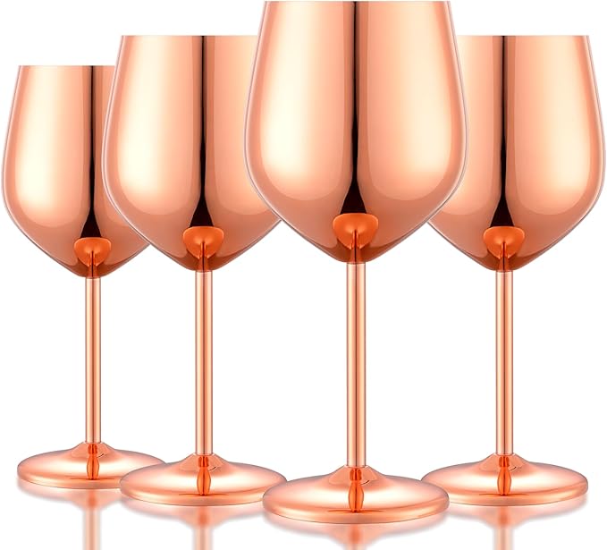 Stainless Steel Wine Glasses Set of 4 Unbreakable Wine Glass 18 oz Unique Metal Wine Goblets for Outdoor, Travel, Camping, Pool, Ideal Gift for Wine Lovers (Mirror-Rose Gold)