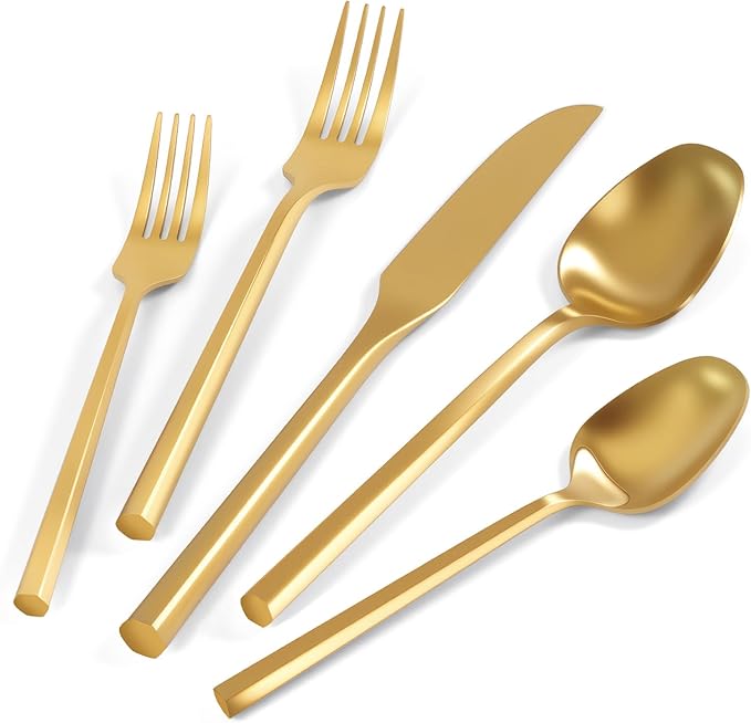 Silverware Set 40-Piece Stainless Steel Matte Gold Cutlery, Hand Forged Thick Hexagon Handle Flatware Sets, Service for 8