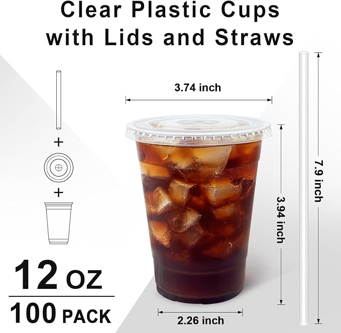 12 oz 100 Pack Plastic Cups with Lids and Straws, Sturdy Food Safe Iced Clear Coffee Cups Disposable Smoothie Cups for Cold Drinks