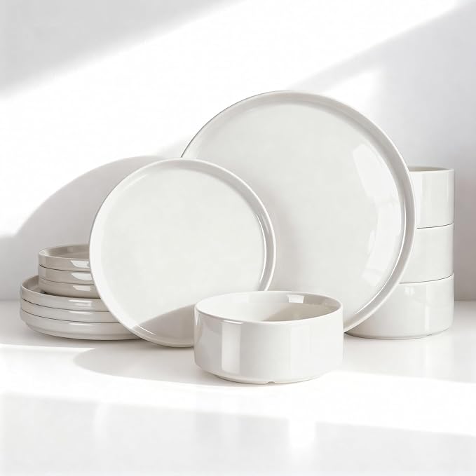 Famiware Porcelain Dinnerware Set, 12-Piece Modern Plate and Bowl Set, Dish Set for 4, Microwave and Dishwasher Safe Tableware, White
