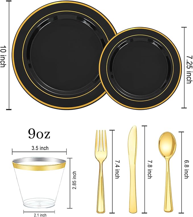 bUCLA 600PCS Black and Gold Disposable Dinnerware Set - Black Plastic Plates Disposable for Party Include 100 Dinner&100 Dessert Plates,100 Knives,100 Forks,100 Spoons,100 Cups for Party & New Year