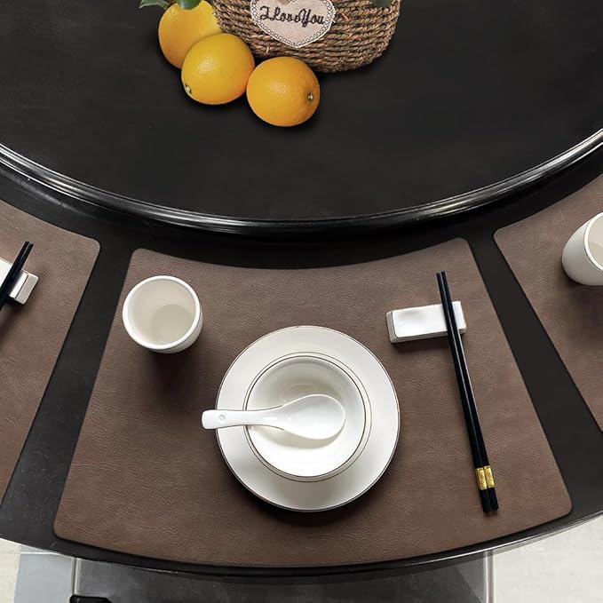 Leather Round Table Washable Placemats, Thick Faux Leather Heat Resistant Wedge Table Placemat, Waterproof Non-Slip Easy to Clean Place mat for Kitchen Coffee Dining Room Table Set of 6