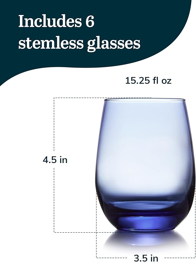 Libbey Classic Blue All-Purpose Stemless Wine Glasses, 15.25-ounce, Set of 6