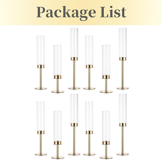 Hewory Gold Candle Holders Hurricane Candlestick Holders, 12Pcs Candle Stick Candle Holder Candelabra, Taper Candle Holders with Glass Candle Cover for Wedding Table Centerpiece Christmas Decor
