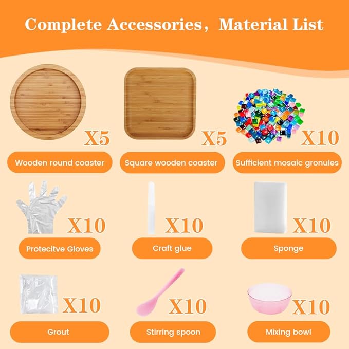 Airsnigi 10 Set DIY Mosaic Tiles for Crafts Mixed Color Mosaic Kits with Wooden Coasters Handmade Glass Coasters Crafts Set for Adult Creative Handmade Home Decoration Christmas Gift