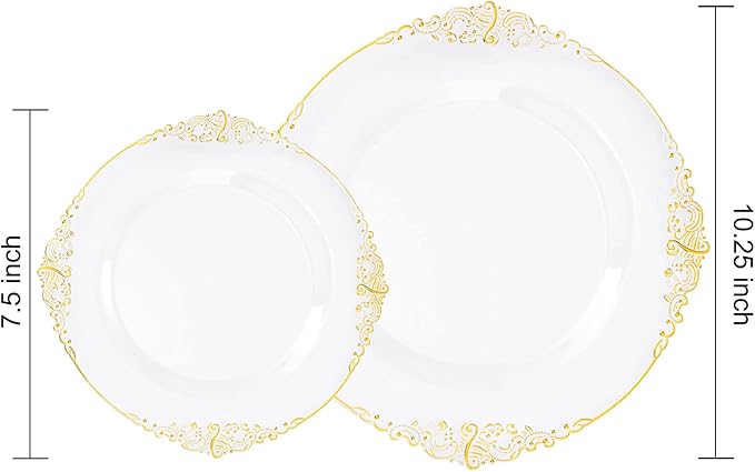 Nervure 100Pcs Clear and Gold Plastic Plates - Heavyweight Gold Disposable Plates - Plastic Plates Include 50Pcs 10.25inch Dinner Plate & 50Pcs 7.5inch Dessert Plate for Wedding & Party & Thanksgiving