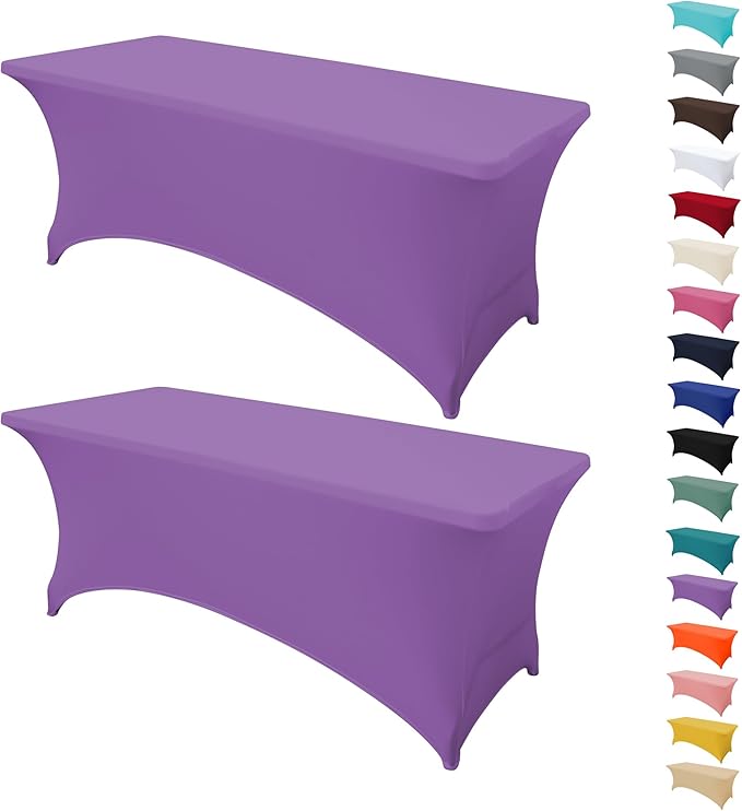 2Pack 4FT Table Cloth for Rectangular Fitted Events Stretch Light Purple Table Covers Washable Spandex Tablecloth Protector for Party, Wedding, Cocktail, Banquet, Festival