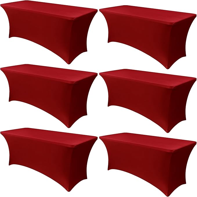 Obstal 6 Pack Stretch Spandex Red Table Covers for 8 Foot Tables - 8 FT Universal Rectangular Fitted Tablecloth Protector for Wedding, Banquet, Party, 96 Length x 30 Width x 30 Height Inches