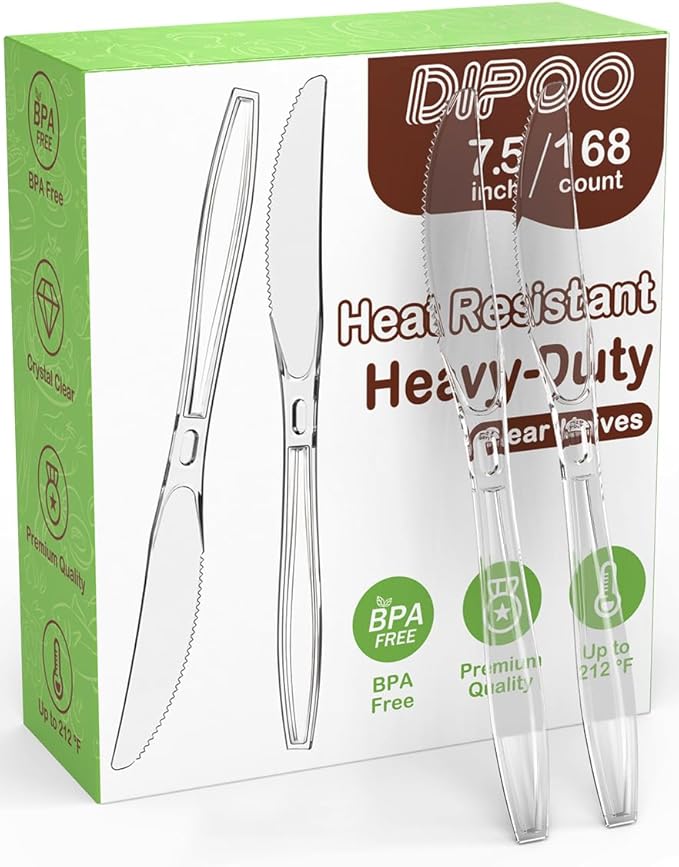 168pc 7.5" Clear Plastic Knives Heavy Duty Upgraded Heat Resistant & BPA Free, Solid and Durable Plastic Cutlery, Premium Disposable Knives, for Party Supply