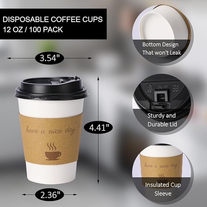 500 pack 12 oz Disposable Coffee Cups with Lids,To Go Coffee Cups for Home, Office, Cafes and Party (White 12oz)