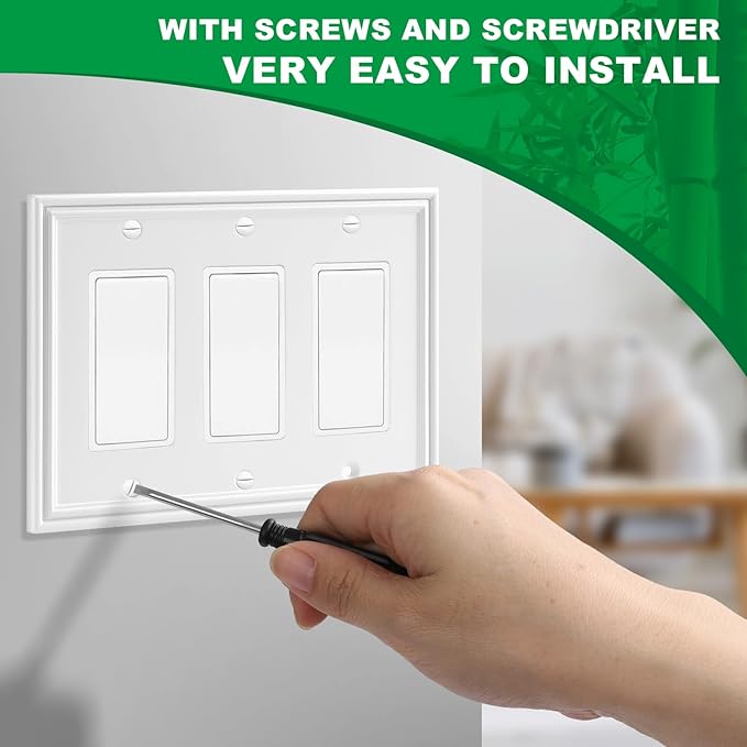 White Decorative Triple Decorator Switch Covers Wall Plate, Natural Material Rocker Switch Plates for Receptacle, GFCI Outlet, Dimmer Switch - Modern Style (3 Gang Decorator 1 Pack)