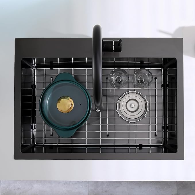 22x18x9 Inch Drop in Kitchen Sink, Handmade 304 Black Stainless Steel Sink, Centre-Offset Drain, R10 Tight Corner, Topmount Kitchen Sink with Strainer & Bottom Grid