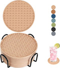 Set of 8 Silicone Coasters, 4'' Drink Coaster with Holder, Round Coasters for Drinks Beer Coffee Home Office Bar Desk Tabletop Protection, Non-Slip Rubber Coaster (Pink, 8 Pcs-Metal Holder)