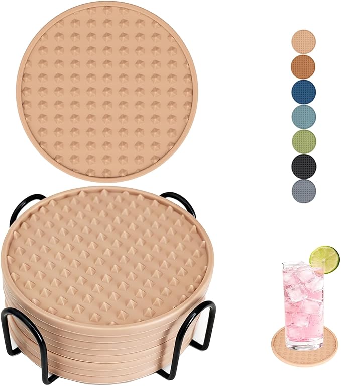 Set of 8 Silicone Coasters, 4'' Drink Coaster with Holder, Round Coasters for Drinks Beer Coffee Home Office Bar Desk Tabletop Protection, Non-Slip Rubber Coaster (Pink, 8 Pcs-Metal Holder)