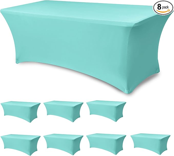 Fitted Stretch Table Cover for 6 foot Rectangle Tables-8 Pack Aqua Blue Spandex Tablecloth-Elastic Folding Tablecloths for Party, Vendor Booth Display, Banquet Buffet Event, Craft Trade Show