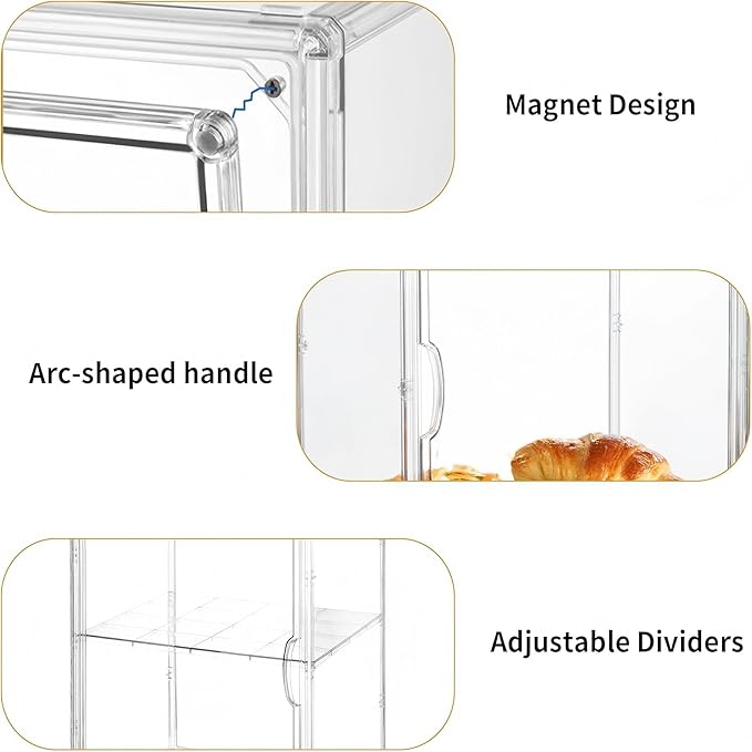 Attelite Pastry Display Case,2 Pack 4 Layers Adjustable Clear Bread Box for Kitchen Countertop,Bread Storage with Magnetic Door Bakery Pastry Display15.5x11.4x9.8inch