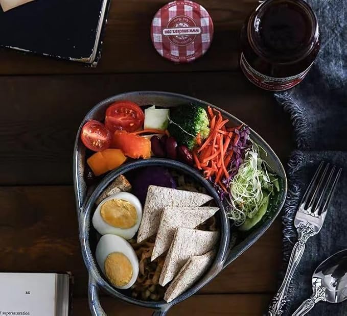 Soup and Side Bowl Plate Ceramic, Chip and Dip Divided Bowls, Anti-Soggy Cereal Bowl Bread Dipping Bowls Plates for Salad Breakfast, and Sandwich Ideal for Home and Restaurant (Blue + green)