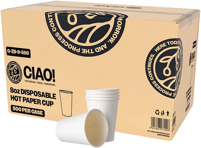 CIAO! 8oz White Paper Hot Cup, Disposable, 80mm Diameter 500 Count