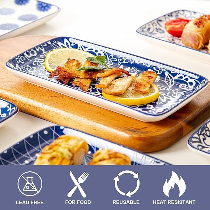 Ceramic Rectangle Salad Plates Set - 8.1" x 4.5" Rectangular Serving Platter - Serving Trays for Sushi Dinner Dessert Pasta Appetizer - Oven Microwave Dishwasher Safe - Set of 6 - Vintage Blue