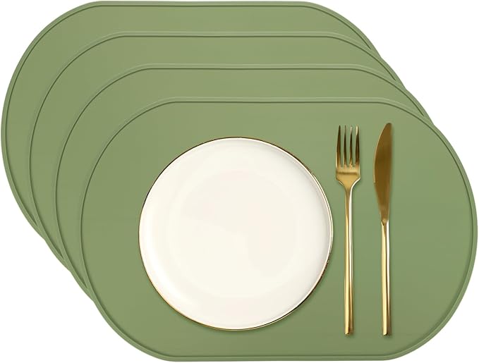 uxcell 4 Pcs Oval Silicone Placemat, 15.4" x 10.4" Non-Slip Washable Table Placemats Heat Resistant Waterproof Mat with High Edge for Table Kitchen Desk Protection, Green