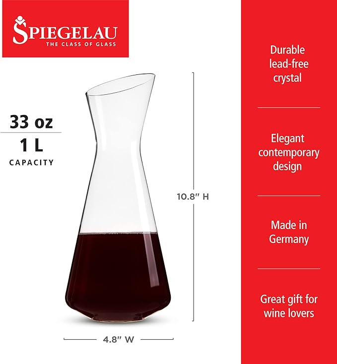 Spiegelau Style Crystal Wine Decanter, Elegant Carafe for Red and White Wine, Modern Glass Pitcher for Wedding Gifts, Housewarming, Hosting Essentials, Home Bar, 33 oz (1 L), Set of 1