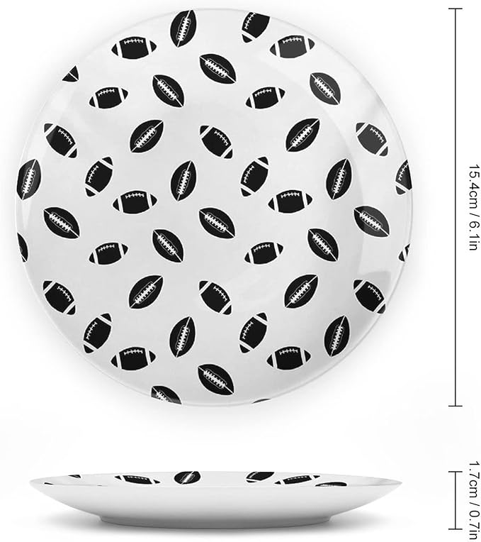 Decorative Plates, American Football Print Ornament, Monochrome Pattern Black Rugby Balls Sports, 8 Inch, Kitchen Wall Decor, Black White