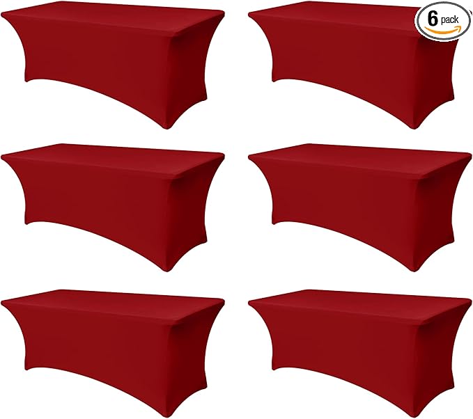 Spandex Table Cover for 6 Foot Rectangle Tables-6 Pack Fitted Stretch Red Tablecloth-Elastic 6ft Christmas Tablecloths for Party, Vendor Booth Display, Banquet Buffet Event, Craft Trade Show