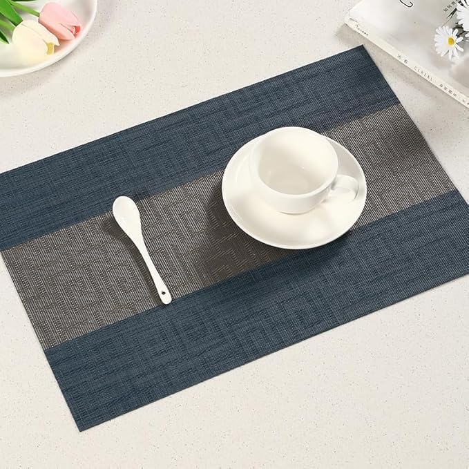 FAVE Placemats Set of 12 Indigo Blue Woven with Gray Placemats Durable and Wipeable Vinyl Place Mats Set 12 for Wedding, Banquet, Birthday, Party, Restaurant Decorations (Indigo Blue, 12"x18"-12PCS)