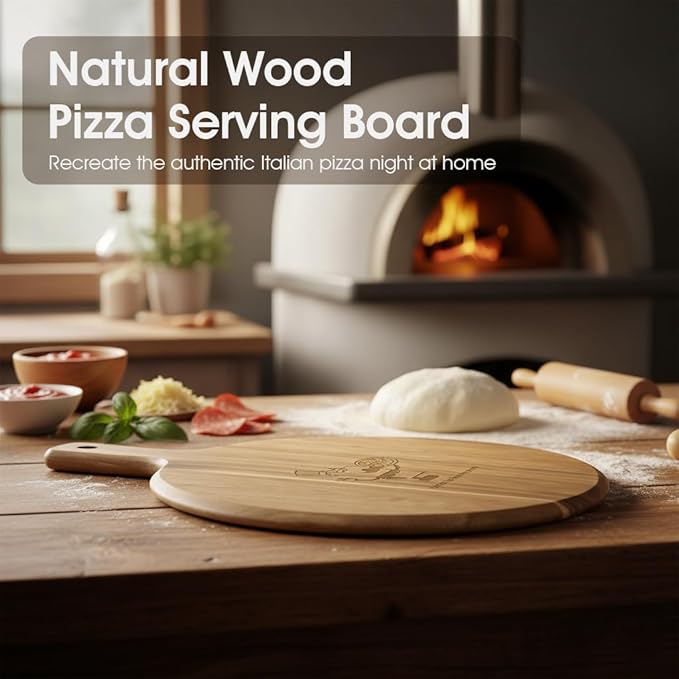 12" Acacia Wood Charcuterie & Pizza Serving Board Set with Pizza Cutter, Rustic Wooden Board for Cheese, Appetizers & Entertaining, Thoughtful Housewarming Gift