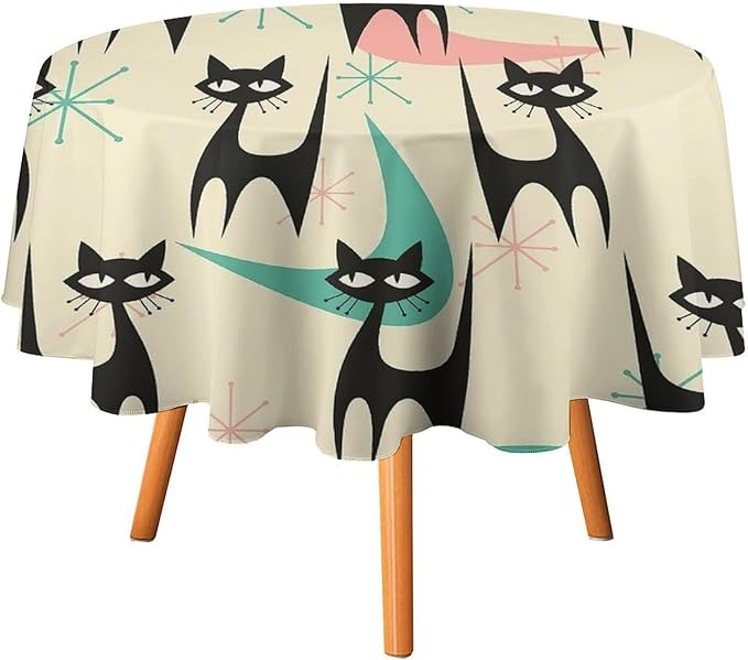 Mid Century Colorful Modern Cat Round Tablecloth, Medieval Bohemian Abstract Animal Tablecloth for Home Party Dining Room Kitchen Decor 36Inch(90cm)