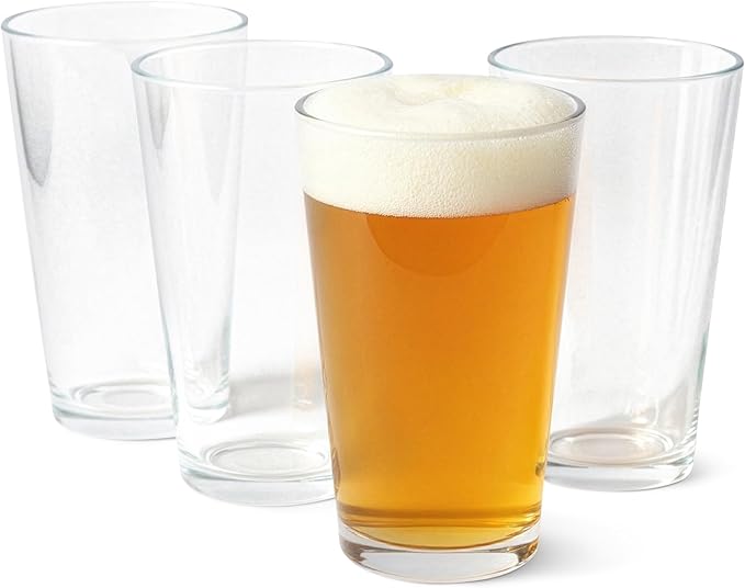 Amazon Basics Pint Glasses, 4-Piece Set, 16 oz., Dishwasher-Safe